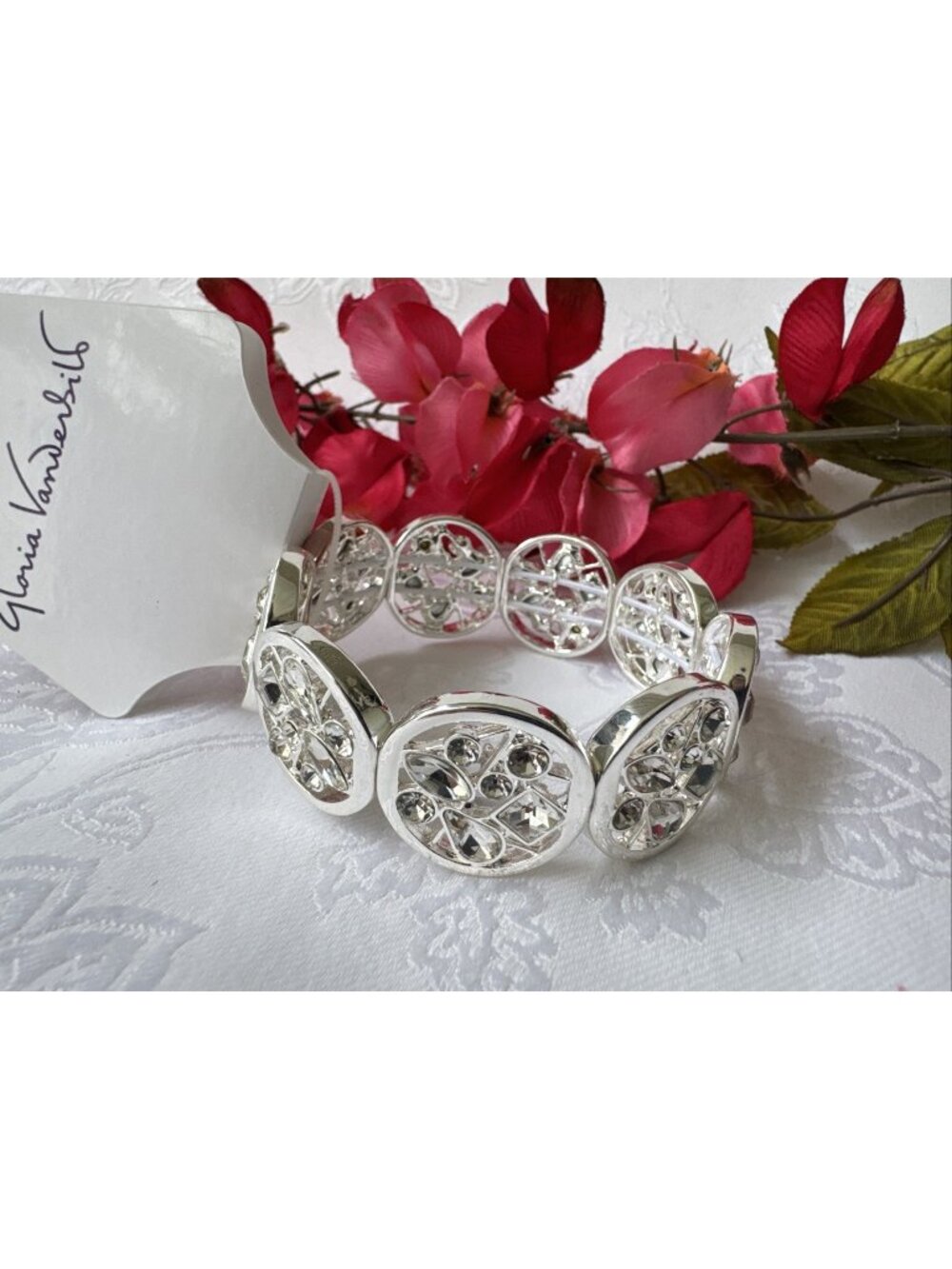 Gloria Vanderbilt Bracelet Filigree Silver Tone Wide Cuff Bangle Stretch NEW